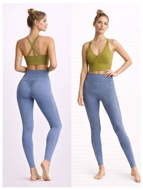 Free People 2pc Activewear Set Olive Sports Bra Blue Leggings Bundle S